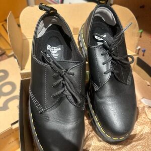 Dr. Martens Audrick Black Leather Oxfords with Yellow Stitching